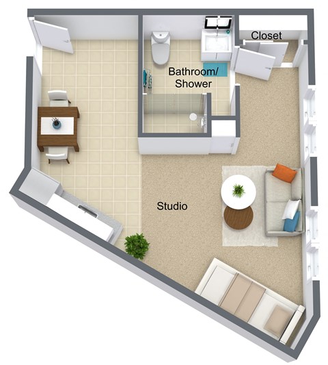 Floor plan for 1 bed, 1 bath, 490 sqft